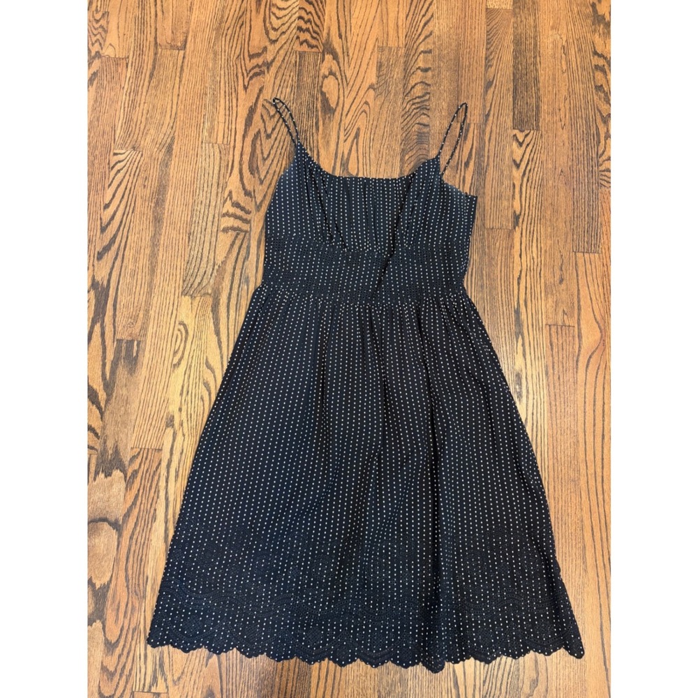 Ann Taylor Polka Dot Dress Womens 10 Black White Scallop Hem Cotton Midi